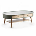 Oval coffee table with natural wood finish and two storage drawers 120 x 60 x 45cm