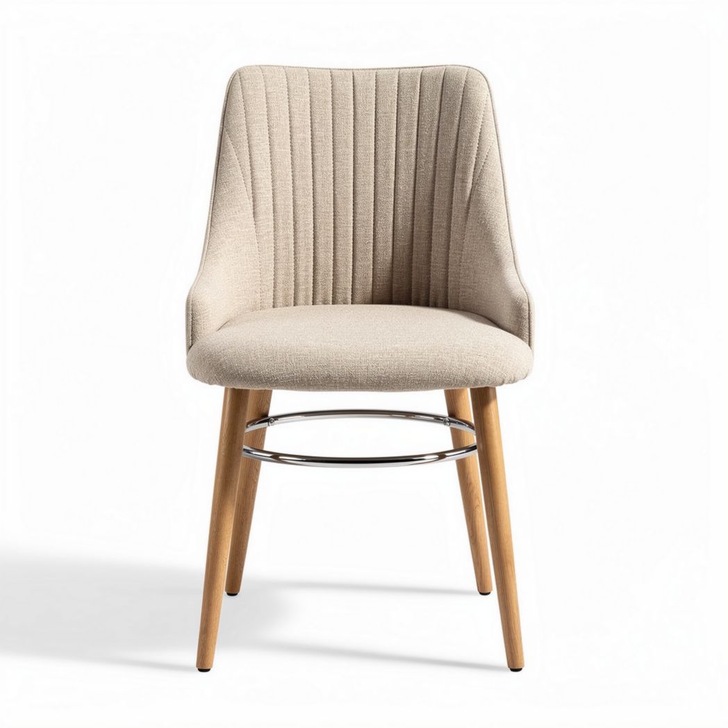 Upholstered dining chair with wooden legs and chrome footrest in beige 45 x 50 x 85cm