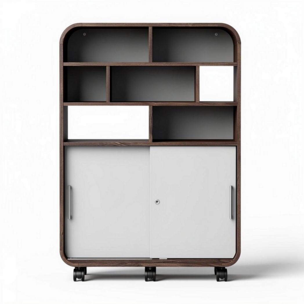 Wooden mobile storage cabinet with open shelves and cabinet doors 100 x 40 x 150cm
