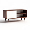 Mid-century modern wooden media console with sliding white door 120 x 45 x 70cm