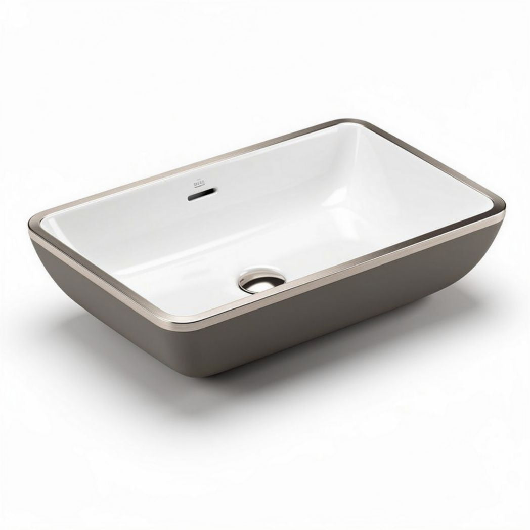 Ceramic undermount bathroom sink in white with brushed bronze trim 40 x 25 x 15cm