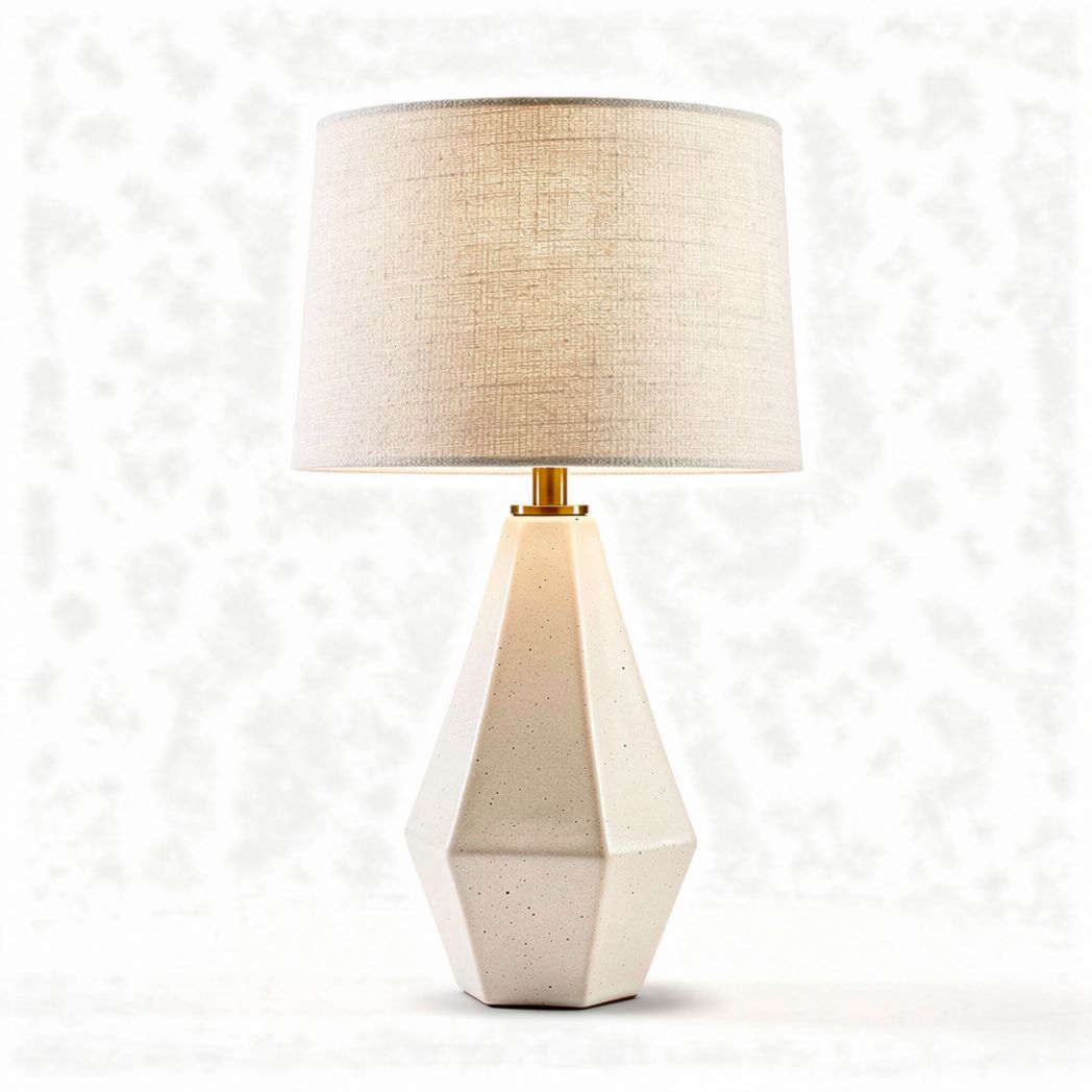 Geometric white table lamp with fabric shade and gold accents 30 x 30 x 50cm