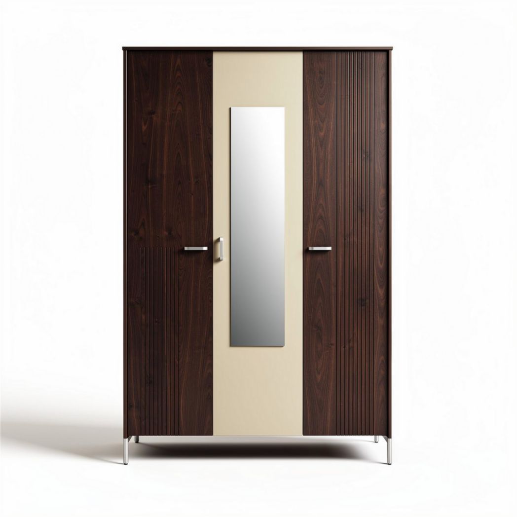 Wooden wardrobe with mirror front doors and sleek metal legs 200 x 100 x 50cm