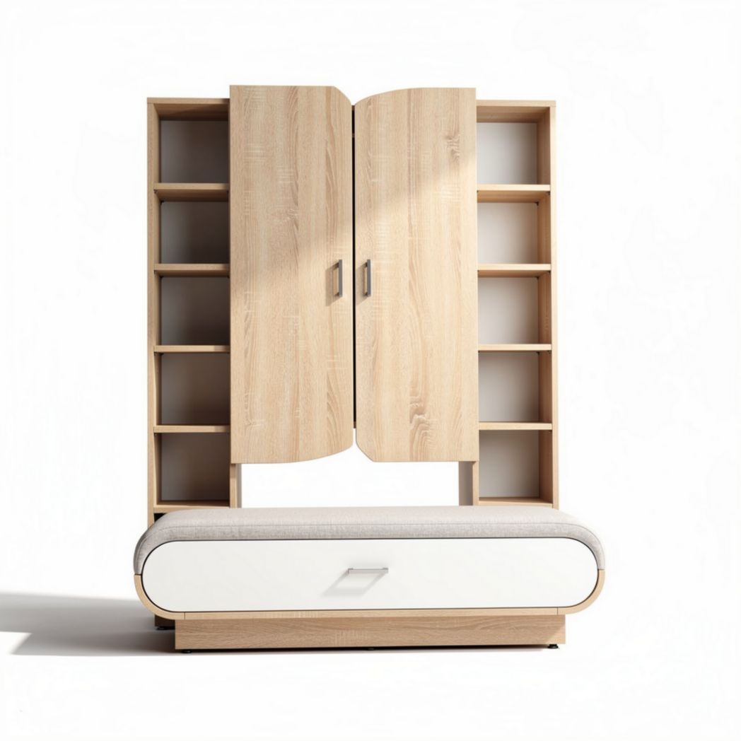 Wooden storage cabinet with cushioned seating in natural finish 150 x 120 x 40cm