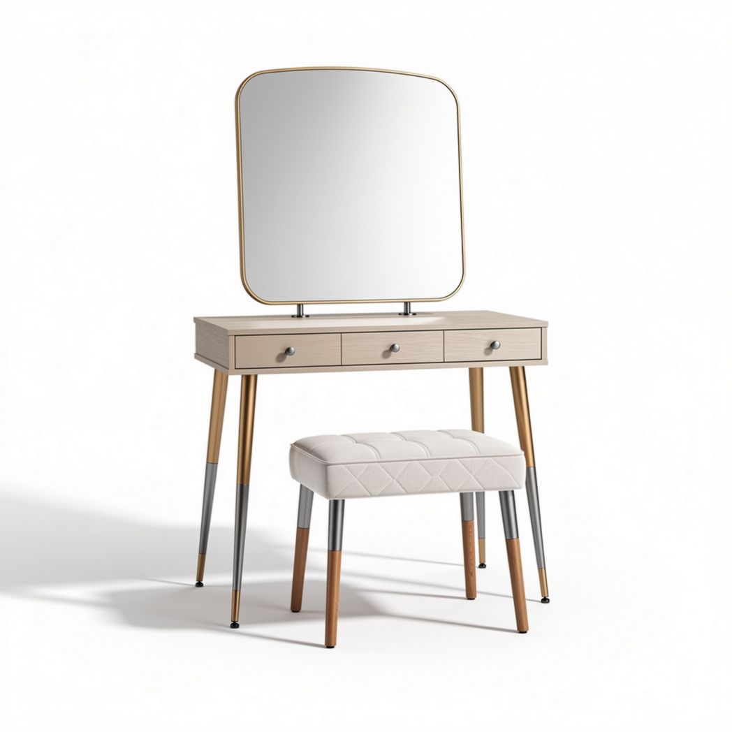 Vanity table with mirror and storage drawers in beige wood finish 120 x 45 x 150cm