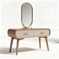 Round mirror and wooden vanity table with two drawers in natural finish