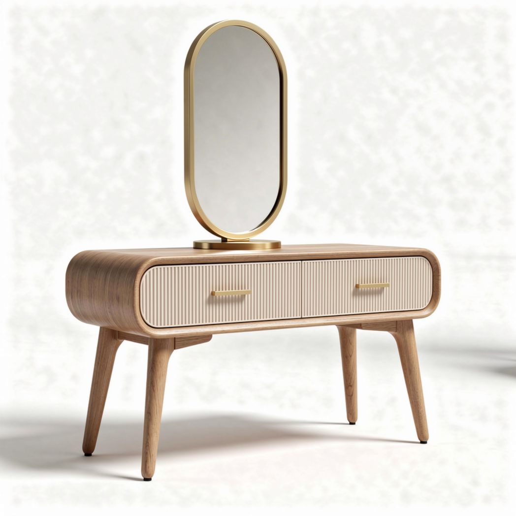Round mirror and wooden vanity table with two drawers in natural finish
