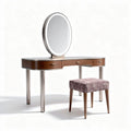 Wooden vanity table with round mirror and upholstered stool in brown and white 120 x 50 x 75cm
