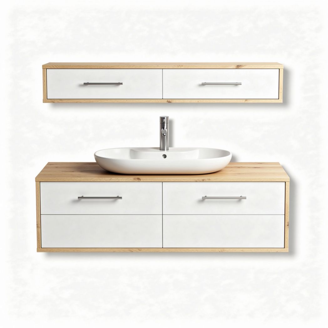 Bamboo bathroom vanity with ceramic sink and wall-mounted storage 120 x 40 x 30cm