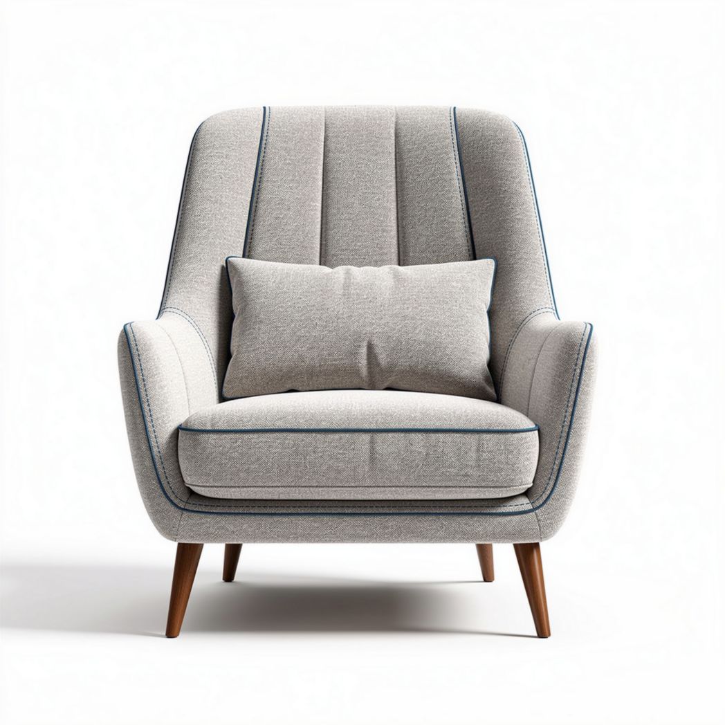 Modern accent chair in gray fabric with blue piping and wooden legs 80 x 80 x 90cm