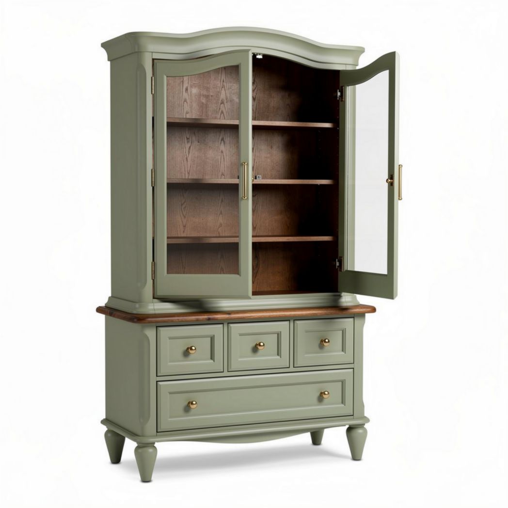 Wood and glass display cabinet in sage green finish with four shelves and three drawers